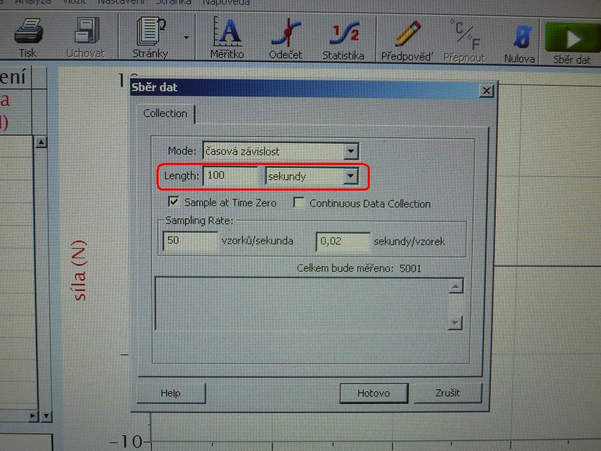 nastavení délky měření v programu Logger Lite